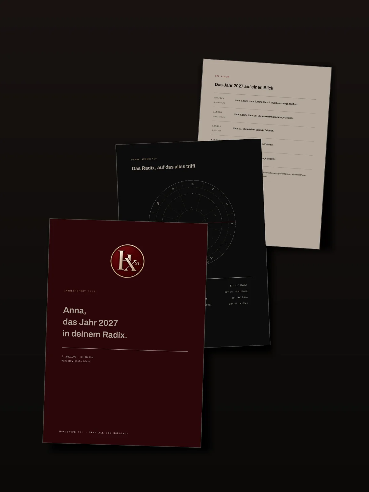 Der Jahresreport als PDF: Titelseite, Radix und Jahresübersicht
