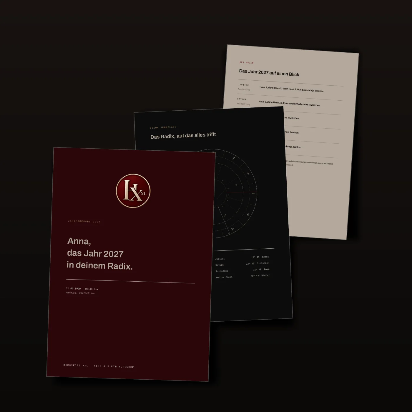 Der Jahresreport als PDF: Titelseite, Radix und Jahresübersicht