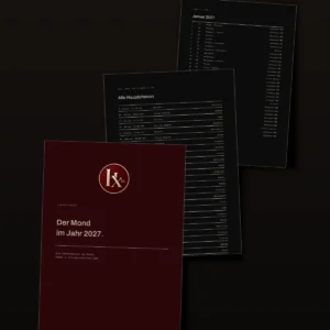 Der Mondkalender als PDF: Titelseite, Phasenübersicht und ein Monat