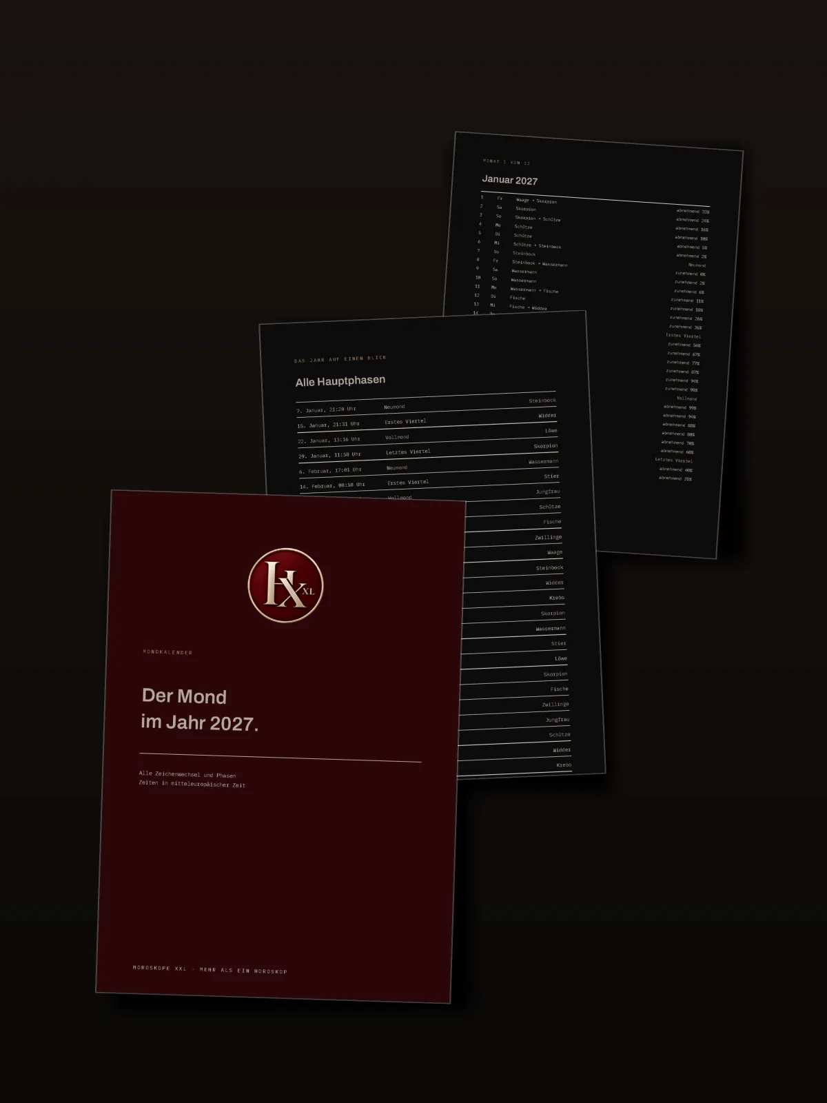 Der Mondkalender als PDF: Titelseite, Phasenübersicht und ein Monat