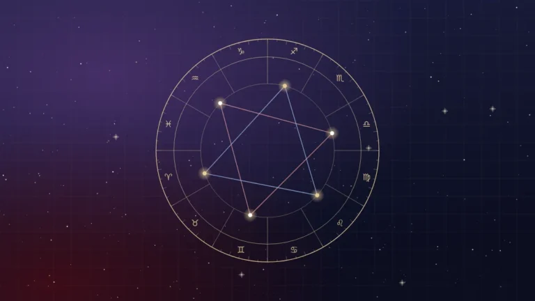 Horoskop-Radix mit Aspektlinien auf Rechengitter und Sternenhimmel